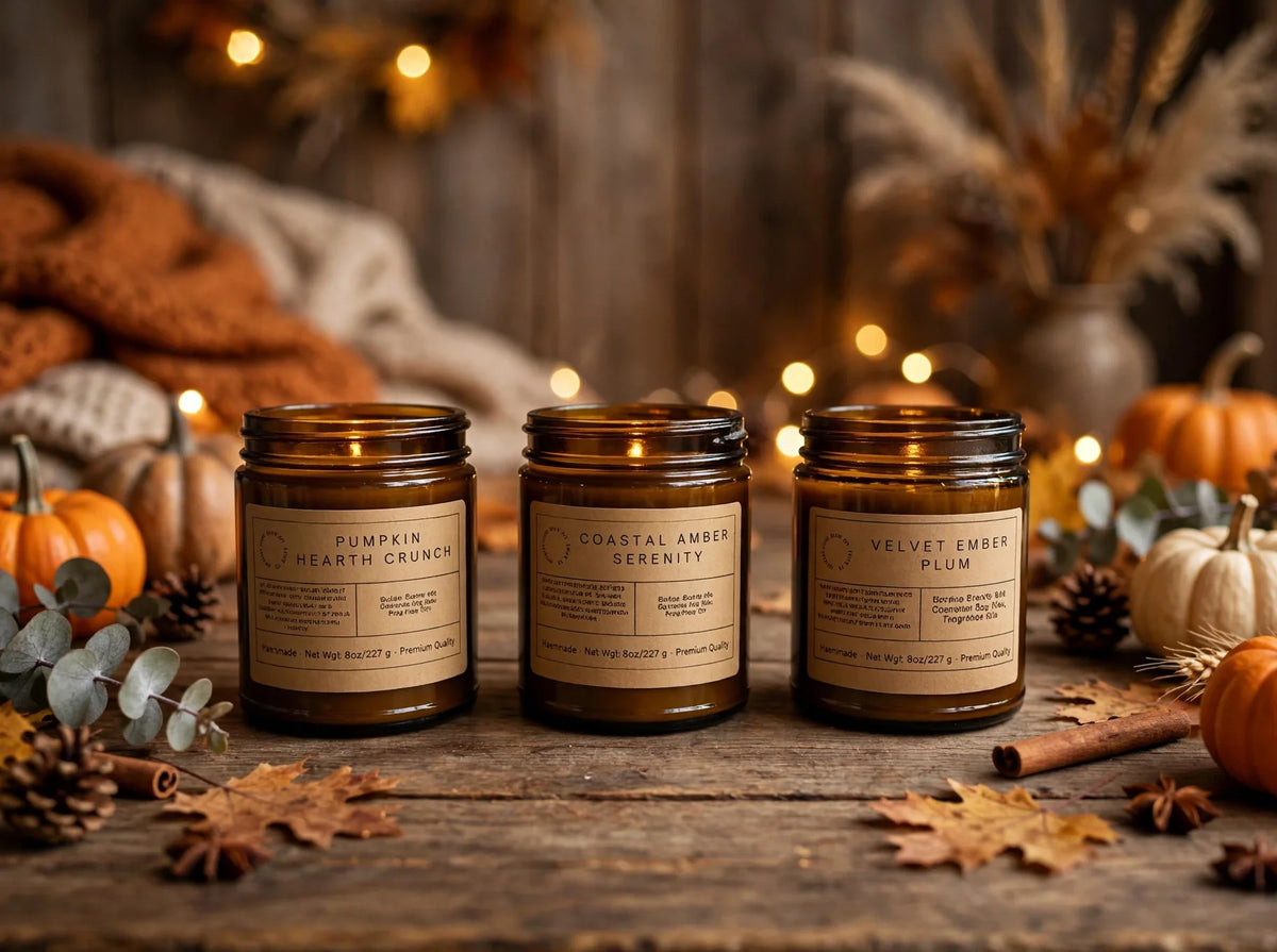 Three 8 oz soy wax candles in amber jars styled with fall decor