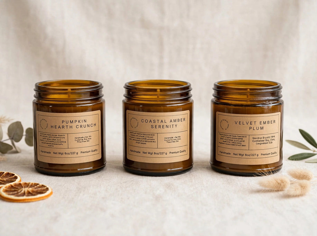 Three 8 oz soy wax candles in amber jars on a light background