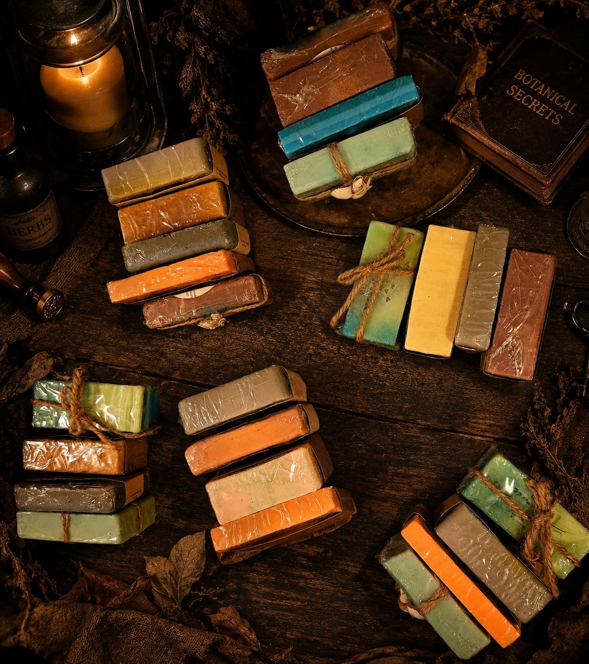 Assorted handmade goat milk soap bars bundled with twine on a rustic wooden surface