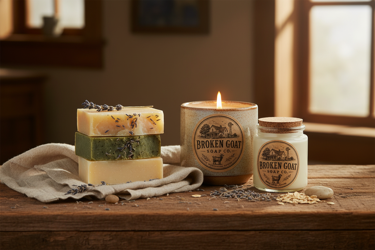 Broken Goat Hero Banner with Logo on Candle and Lotion