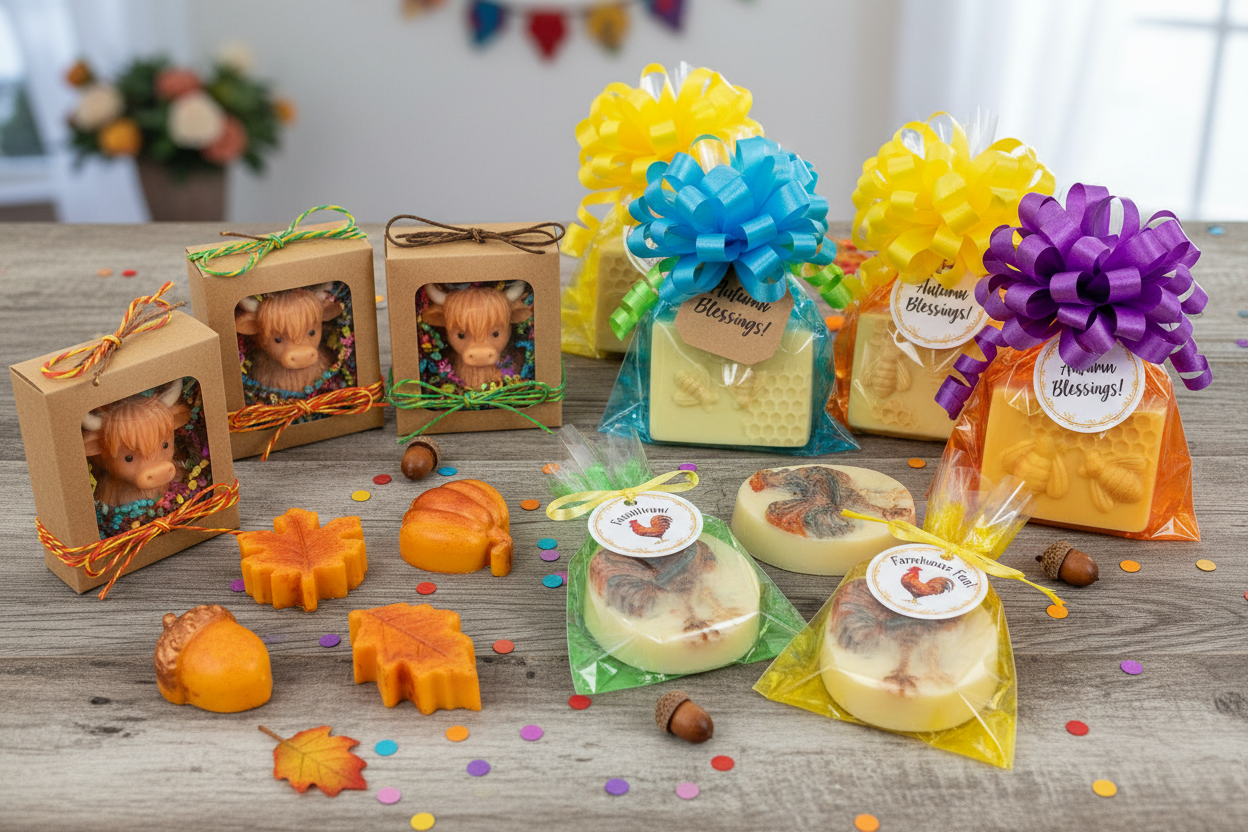 Custom party favor soap packaging display with cellophane bags, kraft boxes, and colorful ribbons