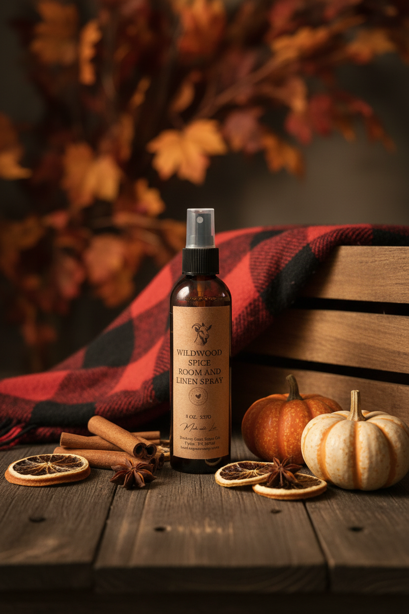 Wildwood Spice Room and Linen Spray on dark wood with cinnamon, star anise, and autumn foliage