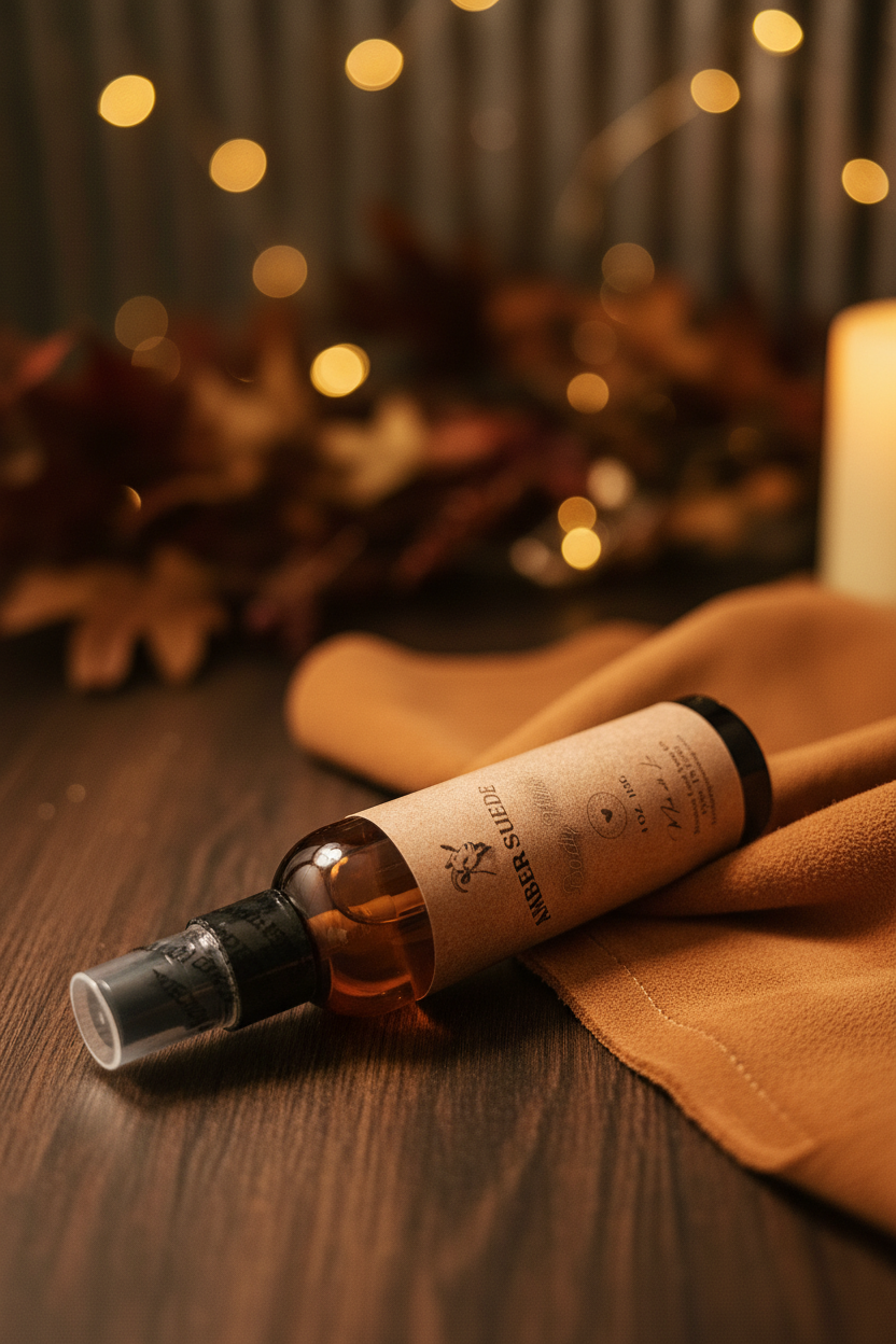 Amber Suede Body Mist on dark wood with amber tones, suede texture, and autumn foliage