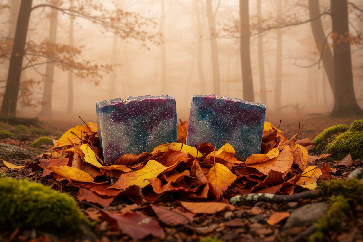 Autumn Leaves soap bars nestled in fall foliage on a misty forest floor