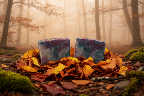 Autumn Leaves soap bars nestled in fall foliage on a misty forest floor