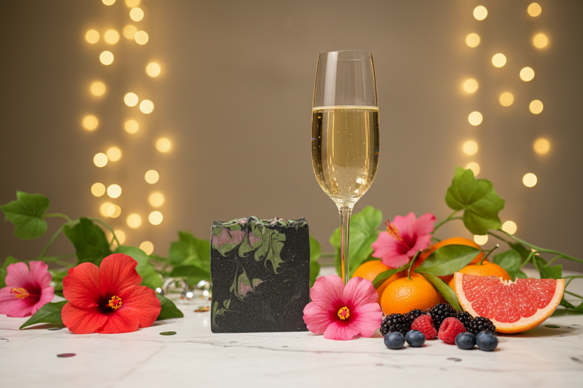 Champagne Toast soap bar on marble with champagne flute, berries, citrus, and hibiscus flowers