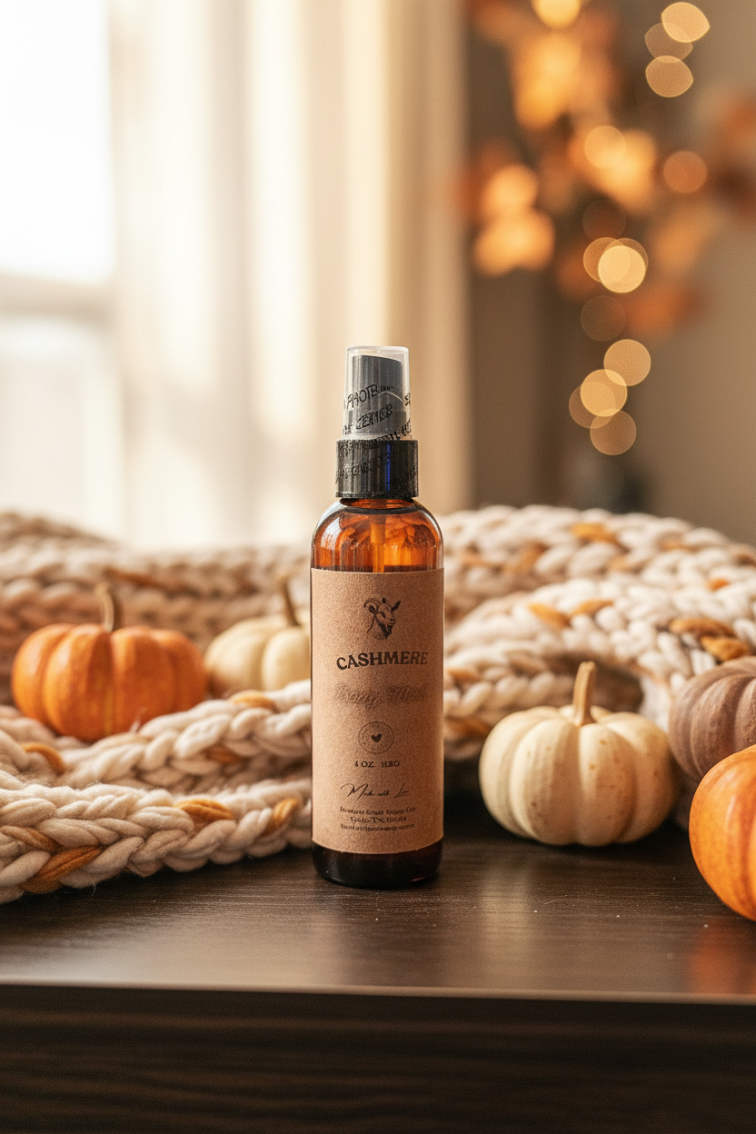 Cashmere Body Mist on dark wood with a soft cashmere throw and autumn foliage