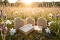Summer Wildflower soap bars in a golden-hour wildflower meadow with lavender and chamomile blooms