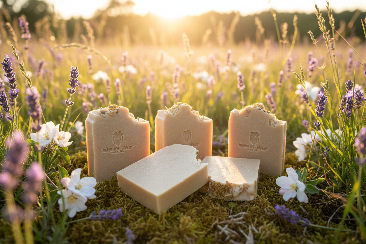 Summer Wildflower soap bars in a golden-hour wildflower meadow with lavender and chamomile blooms