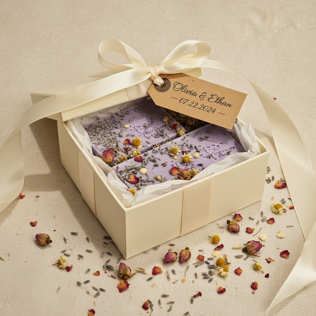 Lavender Wedding Favor in Open Cream Box with Dried Flowers